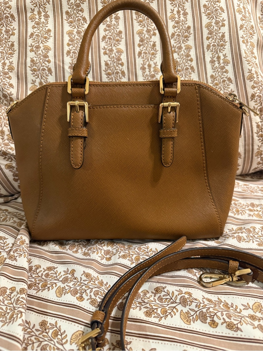 Michael Kors Tan Saffiano Leather Studded Satchel with Detachable Strap - Picture 2 of 10